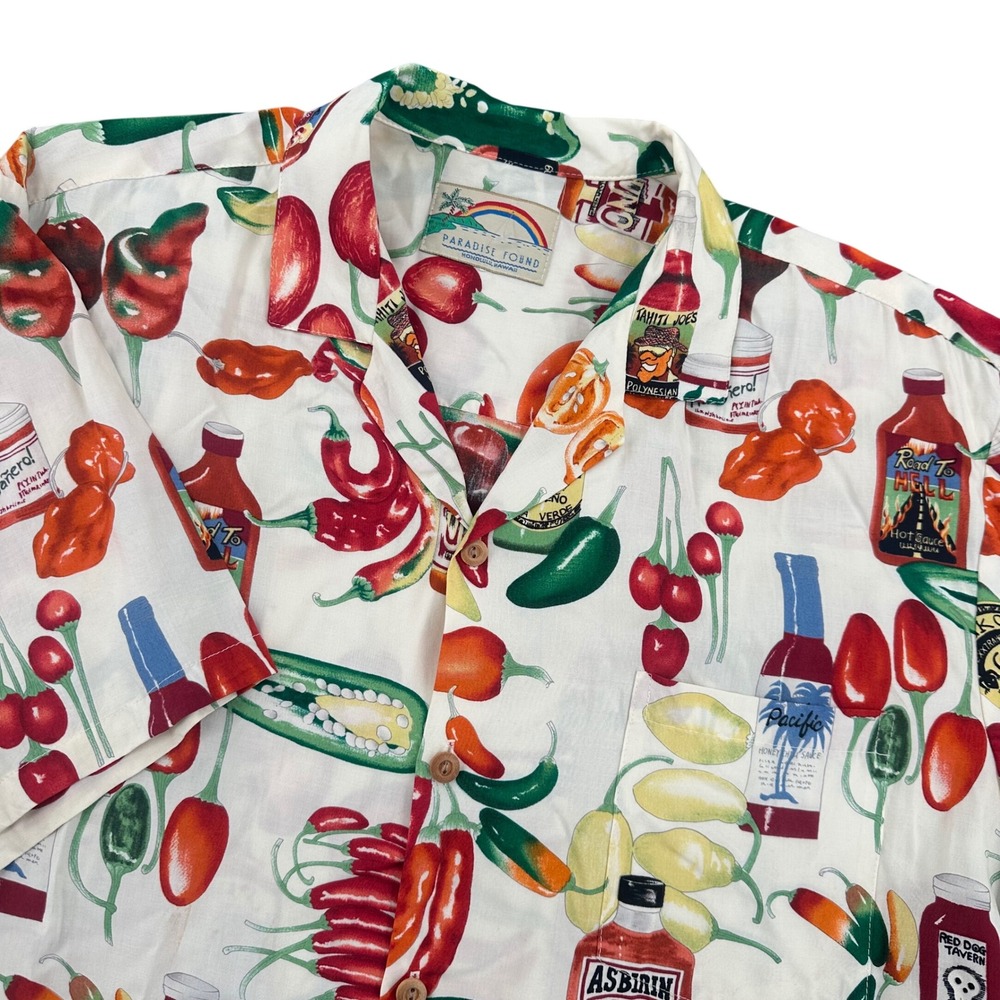Paradise Found Vintage Hot Sauce Chili Pepper Hawaiian Shirt White Mens Large